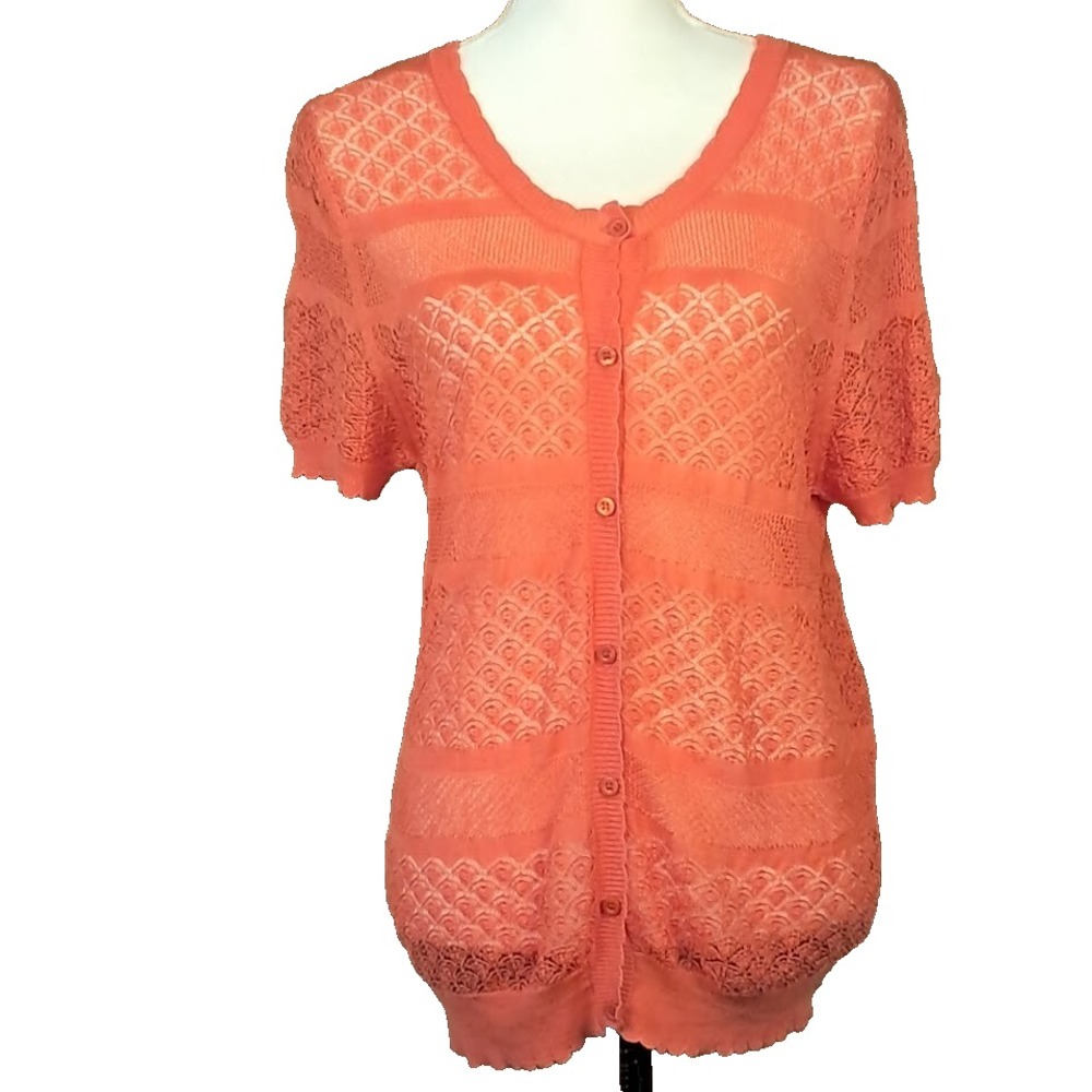 NORTHSTYLE Lg Lacy Cotton Silk Crochet Cardigan Short Sleeve‎ Button Front Coral